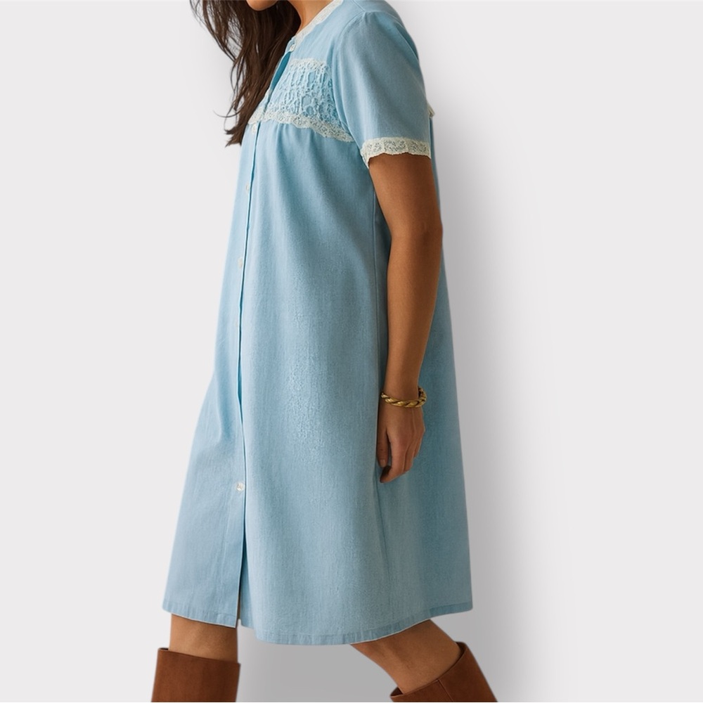 Vintage Slumber Suzy Dreamwear Blue Housedress with White Lace